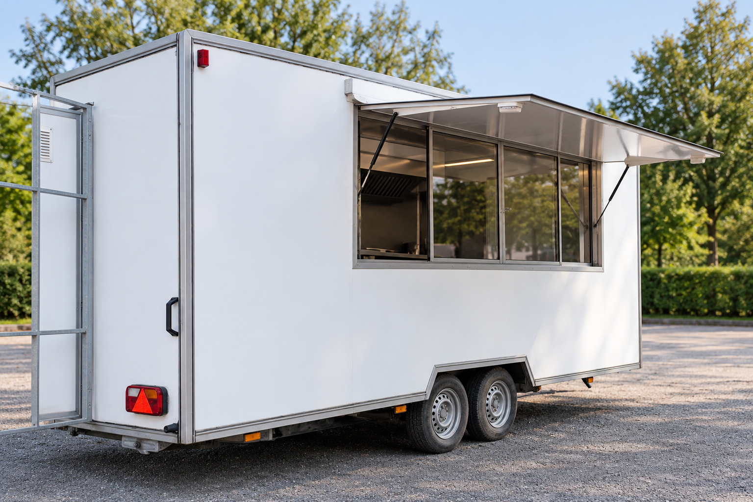 White mobile food trailer with an open serving hatch, digitally enhanced from Valmark’s supplied photograph